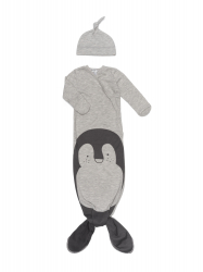 Overal pyžamový s čiapočkou, motív tučniak, ORGANIC, veľ. 0 - 3 mes., šedý (Grey Melange)